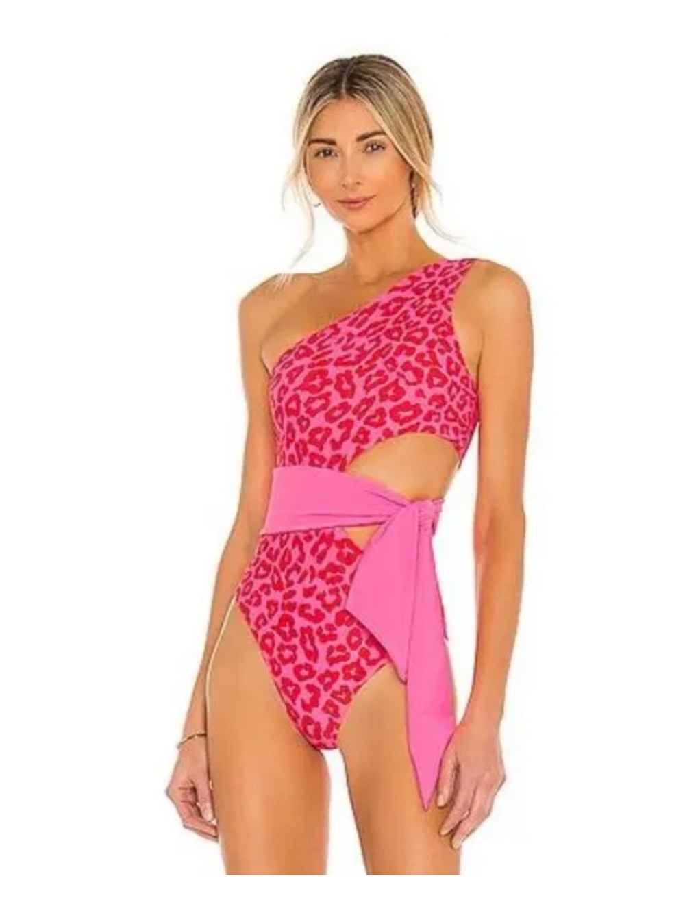 Beach Riot Hot Pink Leopard One-Shoulder Swimsuit with Waist Tie